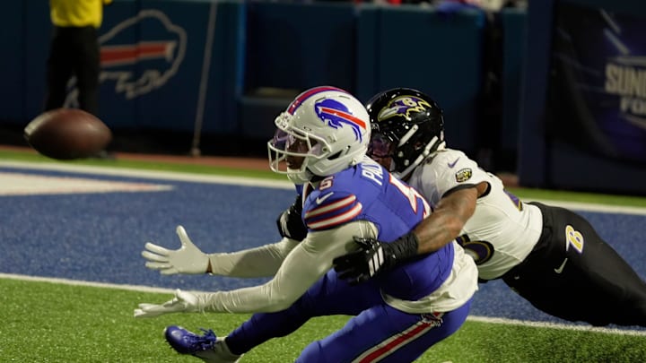 Baltimore Ravens cornerback Jaire Alexander defends Joshua Palmer at Highmark Stadium in Orchard Park on Sept. 7, 2025. Baltimore Ravens cornerback Jaire Alexander defends Joshua Palmer at Highmark Stadium in Orchard Park on Sept. 7, 2025.