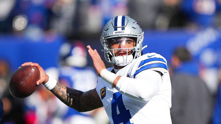 Jan 4, 2026; East Rutherford, New Jersey, USA; Dallas Cowboys quarterback Dak Prescott (4) warms up before the game against the New York Giants at MetLife Stadium.  