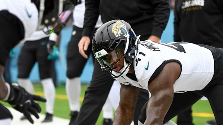 Dec 8, 2024; Nashville, Tennessee, USA;  Jacksonville Jaguars defensive end Josh Hines-Allen (41) warms up before a game against the Tennessee Titans at Nissan Stadium. Mandatory Credit: Steve Roberts-Imagn Images