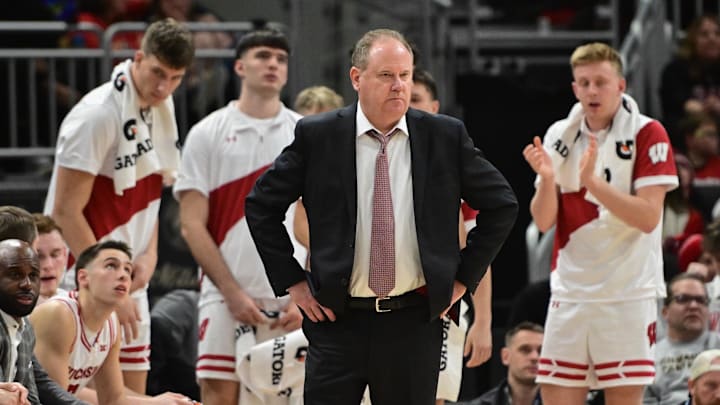 Dec 19, 2025; Milwaukee, Wisconsin, USA; Wisconsin Badgers head coach Greg Gard looks on in the second half against the Villanova Wildcats at the Fiserv Forum. 