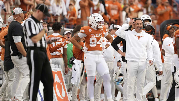 Nov 1, 2025; Austin, Texas, USA; Texas Longhorns head coach Steve Sarkisian reacts after a review does not go his way in the second half against the Vanderbilt Commodores at Darrell K Royal-Texas Memorial Stadium. Mandatory Credit: Scott Wachter-Imagn Images
