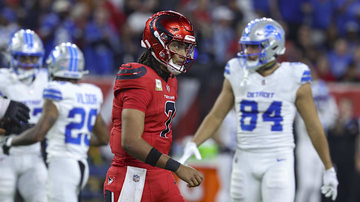 Nov 10, 2024; Houston, Texas, USA; Houston Texans quarterback C.J. Stroud (7) walks off the field after a play during the fourth quarter against the Detroit Lions at NRG Stadium. Mandatory Credit: Troy Taormina-Imagn Images Nov 10, 2024; Houston, Texas, USA; Houston Texans quarterback C.J. Stroud (7) walks off the field after a play during the fourth quarter against the Detroit Lions at NRG Stadium. Mandatory Credit: Troy Taormina-Imagn Images