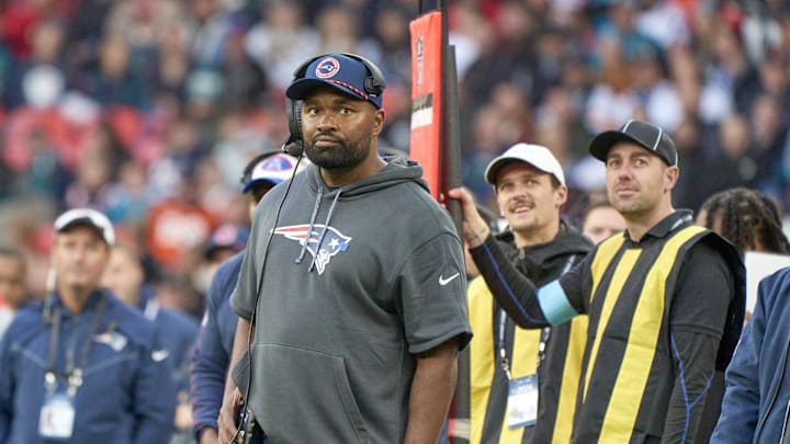 Oct 20, 2024; London, United Kingdom; New England Patriots coach Jerod Mayo in the game against the Jacksonville Jaguarsduring an NFL International Series game at Wembley Stadium. Mandatory Credit: Peter van den Berg-Imagn Images