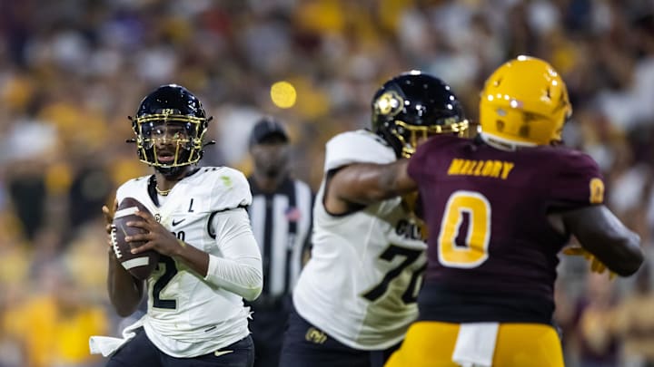 Oct 7, 2023; Tempe, Arizona, USA; Colorado Buffaloes quarterback Shedeur Sanders (2) against the