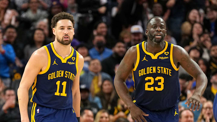 Golden State Warriors guard Klay Thompson (11) and forward Draymond Green (23) during the third quarter against the Los Angeles Lakers at Chase Center. Mandatory Credit: Darren Yamashita-Imagn Images Golden State Warriors guard Klay Thompson (11) and forward Draymond Green (23) during the third quarter against the Los Angeles Lakers at Chase Center. Mandatory Credit: Darren Yamashita-Imagn Images