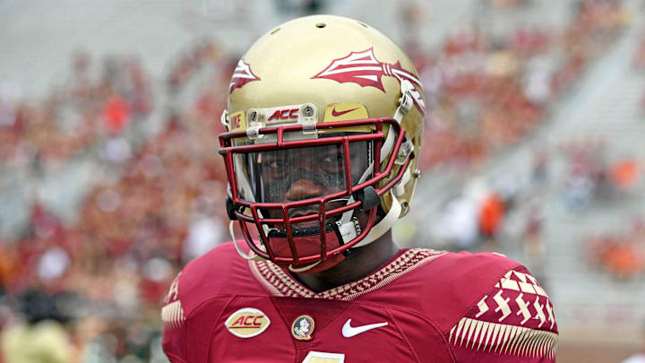 Oct 7, 2017; Tallahassee, FL, USA; Florida State Seminoles cornerback Tavarus McFadden (4) warms up before the game against the Miami Hurricanes at Doak Campbell Stadium. Mandatory Credit: Melina Vastola-Imagn Images
