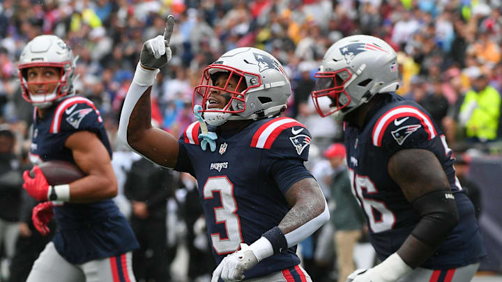 Sep 7, 2025; Foxborough, Massachusetts, USA; New England Patriots wide receiver DeMario Douglas (3) reacts after scoring a touchdown against the Las Vegas Raiders at Gillette Stadium. Mandatory Credit: Bob DeChiara-Imagn Images