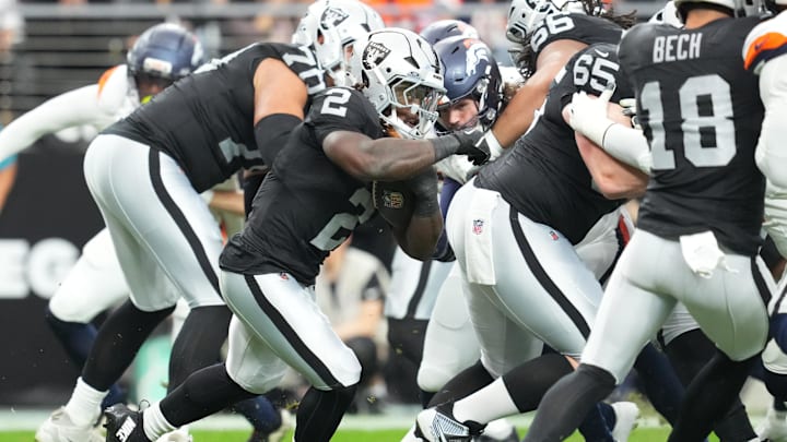 Dec 7, 2025; Paradise, Nevada, USA; Las Vegas Raiders running back Ashton Jeanty (2) carries the ball against the Denver Broncos during the first half at Allegiant Stadium. Mandatory Credit: Stephen R. Sylvanie-Imagn Images Dec 7, 2025; Paradise, Nevada, USA; Las Vegas Raiders running back Ashton Jeanty (2) carries the ball against the Denver Broncos during the first half at Allegiant Stadium. Mandatory Credit: Stephen R. Sylvanie-Imagn Images