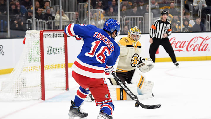 Dec 16, 2023; Boston, Massachusetts, USA;  New York Rangers center Vincent Trocheck (16) scores the