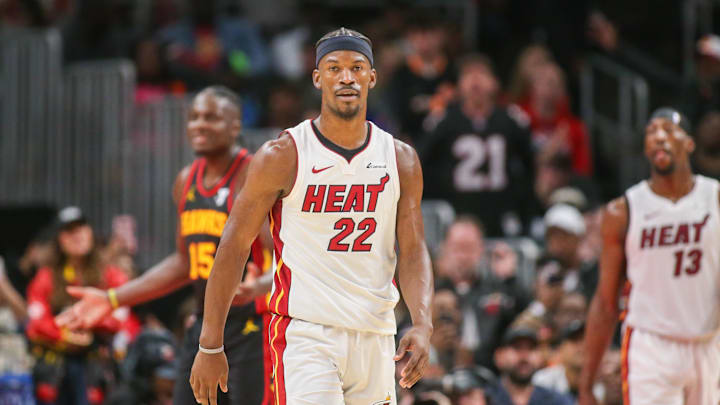 Apr 9, 2024; Atlanta, Georgia, USA; Miami Heat forward Jimmy Butler (22) reacts after a basket