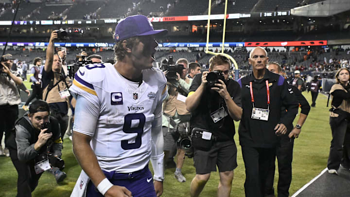 Sep 8, 2025; Chicago, Illinois, USA; Minnesota Vikings quarterback J.J. McCarthy (9) reacts after defeating the Chicago Bears at Soldier Field. Mandatory Credit: Matt Marton-Imagn Images