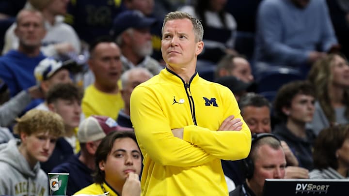 Jan 6, 2026; University Park, Pennsylvania, USA; Michigan Wolverines head coach Dusty May looks on from the bench during the first half against the Penn State Nittany Lions at Bryce Jordan Center. Mandatory Credit: Matthew O'Haren-Imagn Images