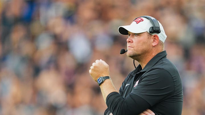Sep 13, 2024; Kansas City, Kansas, USA; UNLV Rebels head coach Barry Odom looks on during the first half against the Kansas Jayhawks at Children's Mercy Park. Mandatory Credit: Jay Biggerstaff-Imagn Images