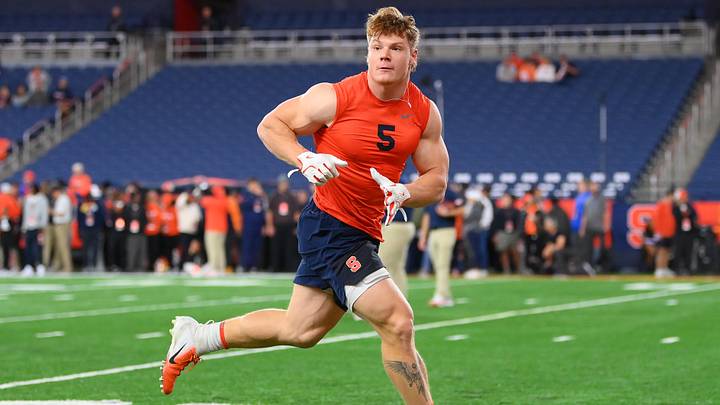 Oct 18, 2025; Syracuse, New York, USA; Syracuse Orange linebacker Antoine Deslauriers (5) warms up prior to the game against the Pittsburgh Panthers at the JMA Wireless Dome. Mandatory Credit: Rich Barnes-Imagn Images