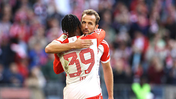 Mathys and Tel and Spurs legend Harry Kane in action for Bayern 