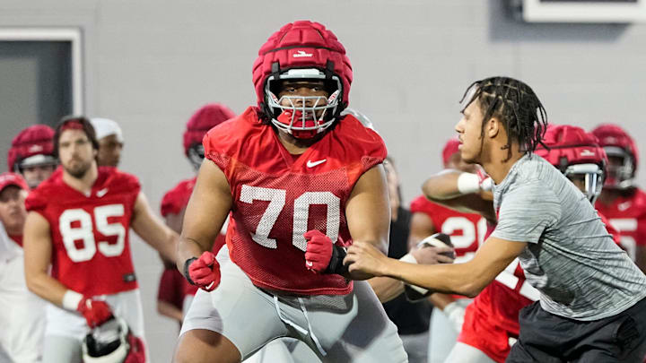 Ohio State Buckeyes offensive lineman Phillip Daniels (70) works out during spring football practice at the Woody Hayes Athletic Center in Columbus on March 17, 2025. Ohio State Buckeyes offensive lineman Phillip Daniels (70) works out during spring football practice at the Woody Hayes Athletic Center in Columbus on March 17, 2025.