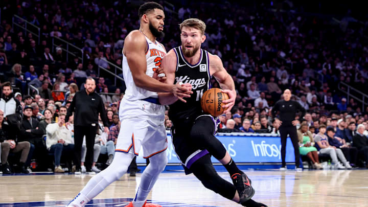 Jan 25, 2025; New York, New York, USA; Sacramento Kings forward Domantas Sabonis (11) drives to the basket against New York Knicks center Karl-Anthony Towns (32) in the third quarter at Madison Square Garden. Mandatory Credit: Wendell Cruz-Imagn Images Jan 25, 2025; New York, New York, USA; Sacramento Kings forward Domantas Sabonis (11) drives to the basket against New York Knicks center Karl-Anthony Towns (32) in the third quarter at Madison Square Garden. Mandatory Credit: Wendell Cruz-Imagn Images