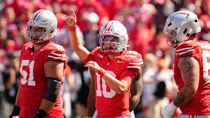 Ohio State Buckeyes quarterback Julian Sayin (10) celebrates during the second half of the NCAA football game against the Texas Longhorns at Ohio Stadium on Aug. 30, 2025. Ohio State won 14-7.