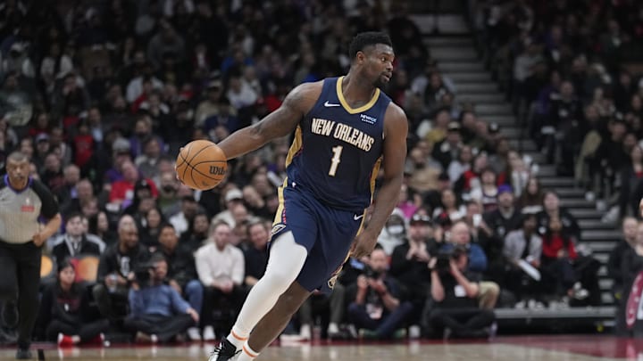 Jan 27, 2025; Toronto, Ontario, CAN; New Orleans Pelicans forward Zion Williamson (1) dribbles the bll against the Toronto Raptors during the second half at Scotiabank Arena. Mandatory Credit: John E. Sokolowski-Imagn Images
