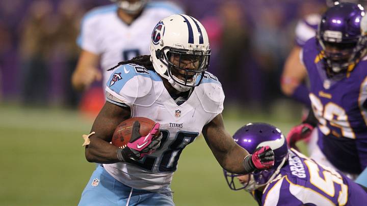 Oct 7, 2012; Minneapolis, MN, USA; Tennessee Titans running back Chris Johnson (28) carries the ball during the fourth quarter against the Minnesota Vikings at the Metrodome. Mandatory Credit: Brace Hemmelgarn-USA TODAY Sports Oct 7, 2012; Minneapolis, MN, USA; Tennessee Titans running back Chris Johnson (28) carries the ball during the fourth quarter against the Minnesota Vikings at the Metrodome. Mandatory Credit: Brace Hemmelgarn-USA TODAY Sports