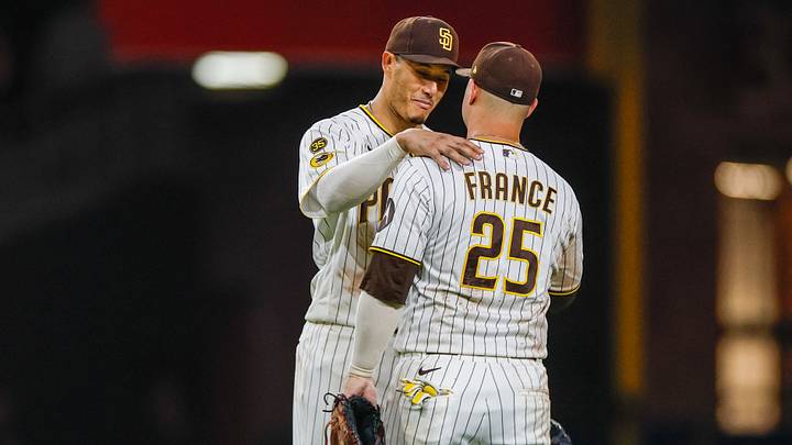Sep 26, 2026; San Diego, California, USA; San Diego Padres thrid baseman Manny Machado (13) celebrates with first baseman Ty France (25) after defeating the Arizona Diamondbacks at Petco Park. Mandatory Credit: David Frerker-Imagn Images Sep 26, 2026; San Diego, California, USA; San Diego Padres thrid baseman Manny Machado (13) celebrates with first baseman Ty France (25) after defeating the Arizona Diamondbacks at Petco Park. Mandatory Credit: David Frerker-Imagn Images