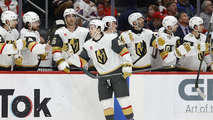 Feb 27, 2026; Washington, District of Columbia, USA; Vegas Golden Knights right wing Braeden Bowman (42) celebrates with teammates after scoring a goal against the Washington Capitals during the third period at Capital One Arena. Mandatory Credit: Geoff Burke-Imagn Images