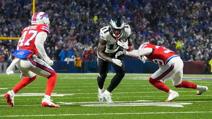 Philadelphia Eagles’ wide receiver A.J. Brown (11) and Buffalo Bills’ cornerbacks Cam Lewis (39) and Christian Benford (47).