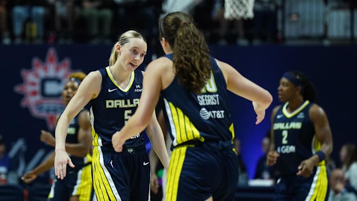 May 27, 2025; Uncasville, Connecticut, USA; Dallas Wings guard Paige Bueckers (5) and forward Maddy Siegrist (20) react after a play against the Connecticut Sun in the second half at Mohegan Sun Arena. Mandatory Credit: David Butler II-Imagn Images