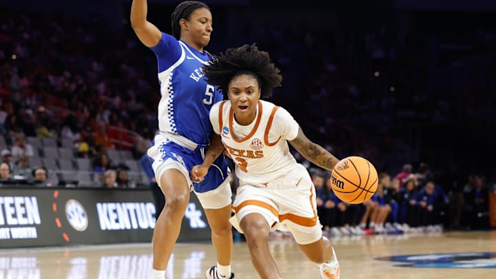 Mar 28, 2026; Fort Worth, TX, USA;  Texas Longhorns guard Rori Harmon (3) drives to the basket against Kentucky Wildcats guard Tonie Morgan (5) during the second half at Dickies Arena. Mandatory Credit: Chris Jones-Imagn Images