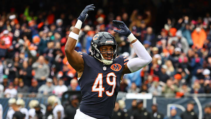 Oct 19, 2025; Chicago, Illinois, USA; Chicago Bears middle linebacker Tremaine Edmunds (49) reacts against the New Orleans Saints during the first quarter at Soldier Field. Mandatory Credit: Mike Dinovo-Imagn Images