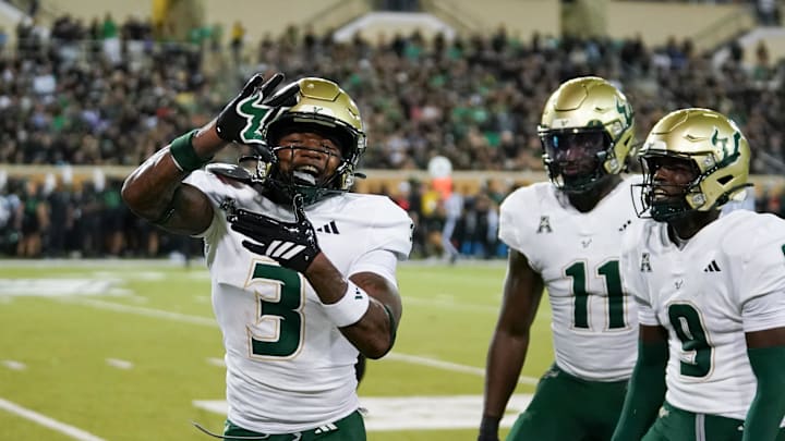 Oct 10, 2025; Denton, Texas, USA; South Florida Bulls cornerback Jonas Duclona (3) reacts after an interception against the North Texas Mean Green during the first half of a game at DATCU Stadium. Mandatory Credit: Raymond Carlin III-Imagn Images