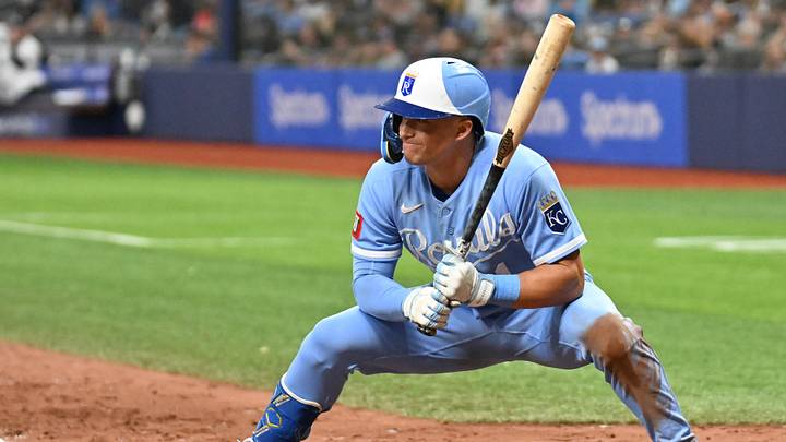 Jun 24, 2026; St. Petersburg, Florida, USA; Kansas City Royals left fielder Isaac Collins (1) reacts after getting called out on strikes in the fifth inning against the Tampa Bay Rays  at Tropicana Field. Mandatory Credit: Jonathan Dyer-Imagn Images