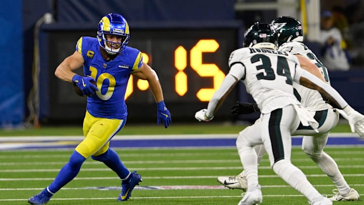 Nov 24, 2024; Inglewood, California, USA;  Los Angeles Rams wide receiver Cooper Kupp (10) runs after a catch against the Philadelphia Eagles during the second half at SoFi Stadium. Mandatory Credit: Alex Gallardo-Imagn Images