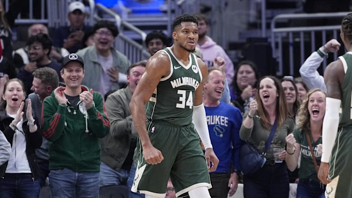 Oct 25, 2024; Milwaukee, Wisconsin, USA; Milwaukee Bucks forward Giannis Antetokounmpo (34) after dunking the ball against the Chicago Bulls in the first half at Fiserv Forum. Mandatory Credit: Michael McLoone-Imagn Images