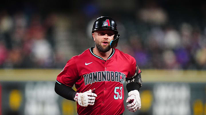 Sep 17, 2024; Denver, Colorado, USA; Arizona Diamondbacks first base Christian Walker (53) runs off a solo home run in the eighth inning against the Colorado Rockies at Coors Field. Mandatory Credit: Ron Chenoy-Imagn Images