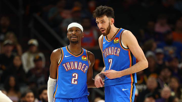 Apr 27, 2026; Phoenix, Arizona, USA; Oklahoma City Thunder guard Shai Gilgeous-Alexander (2) and center Chet Holmgren (7) against the Phoenix Suns during game four of the first round of the 2026 NBA Playoffs at Mortgage Matchup Center. Mandatory Credit: Mark J. Rebilas-Imagn Images Apr 27, 2026; Phoenix, Arizona, USA; Oklahoma City Thunder guard Shai Gilgeous-Alexander (2) and center Chet Holmgren (7) against the Phoenix Suns during game four of the first round of the 2026 NBA Playoffs at Mortgage Matchup Center. Mandatory Credit: Mark J. Rebilas-Imagn Images