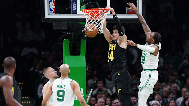 Jan 5, 2024; Boston, Massachusetts, USA; Utah Jazz center Walker Kessler (24) makes the basket