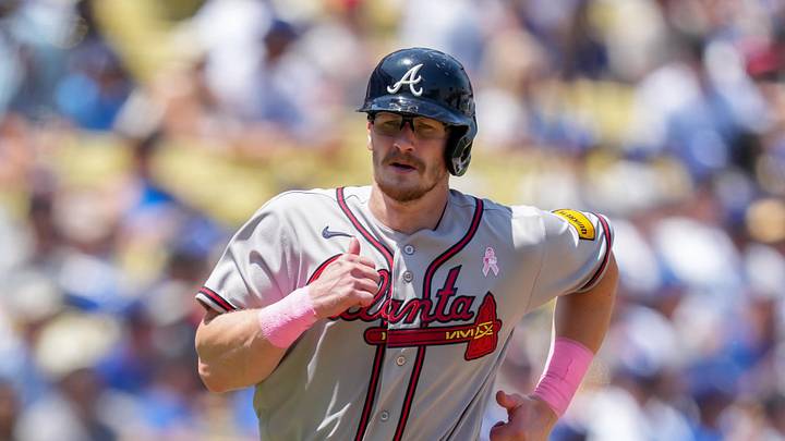 May 10, 2026; Los Angeles, California, USA; Atlanta Braves catcher Sean Murphy (12) scores against the Los Angeles Dodgers during the second inning at Dodger Stadium. Mandatory Credit: Kirby Lee-Imagn Images