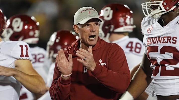 Nov 9, 2024; Columbia, Missouri, USA; Oklahoma Sooners head coach Brent Venables reacts prior to a game against the Missouri Tigers at Faurot Field at Memorial Stadium. Mandatory Credit: Jay Biggerstaff-Imagn Images