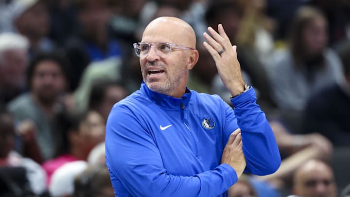 Oct 31, 2024; Dallas, Texas, USA;  Dallas Mavericks head coach Jason Kidd reacts during the game against the Houston Rockets at American Airlines Center. Mandatory Credit: Kevin Jairaj-Imagn Images
