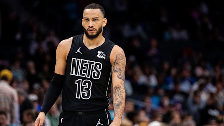 Mar 8, 2025; Charlotte, North Carolina, USA; Brooklyn Nets guard Tyrese Martin (13) reacts after a three point basket against the Charlotte Hornets during the second quarter at Spectrum Center. Mandatory Credit: Scott Kinser-Imagn Images