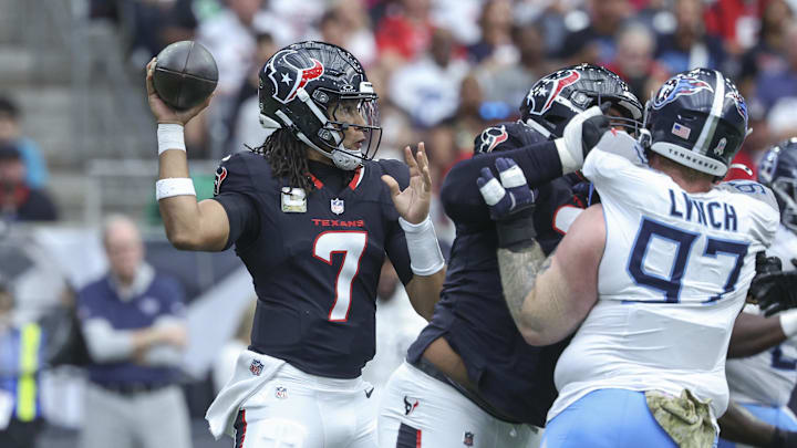 Nov 24, 2024; Houston, Texas, USA; Houston Texans quarterback C.J. Stroud (7) attempts a pass during the second quarter against the Tennessee Titans at NRG Stadium. Mandatory Credit: Troy Taormina-Imagn Images Nov 24, 2024; Houston, Texas, USA; Houston Texans quarterback C.J. Stroud (7) attempts a pass during the second quarter against the Tennessee Titans at NRG Stadium. Mandatory Credit: Troy Taormina-Imagn Images