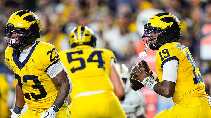 Michigan quarterback Bryce Underwood (19) looks to pass against Western Michigan during the first half at Michigan Stadium in Ann Arbor on Saturday, Sept. 5, 2026. Michigan quarterback Bryce Underwood (19) looks to pass against Western Michigan during the first half at Michigan Stadium in Ann Arbor on Saturday, Sept. 5, 2026.