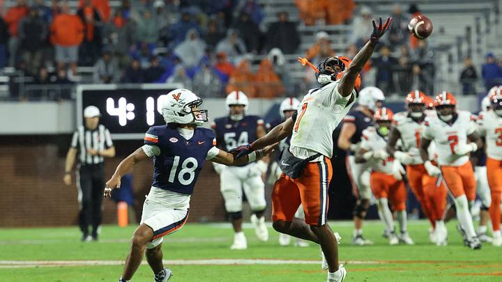 Oct 10, 2026; Charlottesville, Virginia, USA; Syracuse Orange defensive back Demetres Samuel Jr. (1) defends a pass intended for Virginia Cavaliers wide receiver Da'shawn Martin (18) in the third quarter at Scott Stadium. Mandatory Credit: Geoff Burke-Imagn Images Oct 10, 2026; Charlottesville, Virginia, USA; Syracuse Orange defensive back Demetres Samuel Jr. (1) defends a pass intended for Virginia Cavaliers wide receiver Da'shawn Martin (18) in the third quarter at Scott Stadium. Mandatory Credit: Geoff Burke-Imagn Images