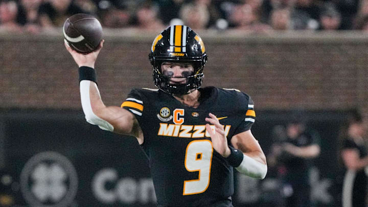 Sep 20, 2025; Columbia, Missouri, USA; Missouri Tigers quarterback Beau Pribula (9) throws a pass against the South Carolina Gamecocks during the second half of the game at Faurot Field at Memorial Stadium. Mandatory Credit: Denny Medley-Imagn Images