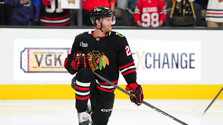 Mar 14, 2026; Las Vegas, Nevada, USA; Chicago Blackhawks left wing Andre Burakovsky (28) warms up before a game against the Vegas Golden Knights at T-Mobile Arena. Mandatory Credit: Stephen R. Sylvanie-Imagn Images
