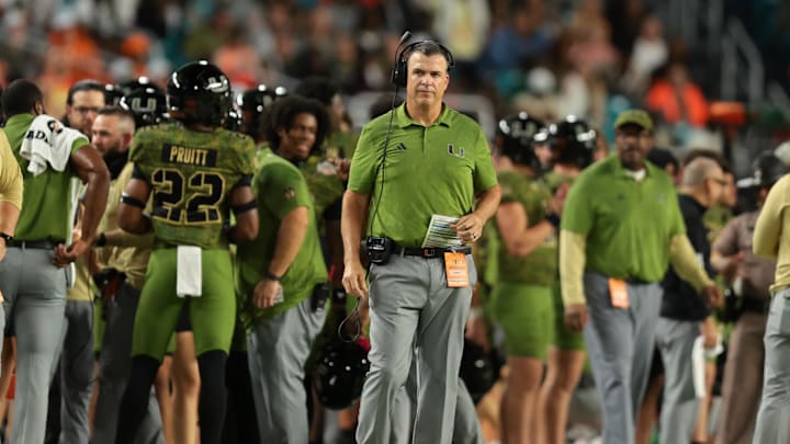 Miami Hurricanes head coach Mario Cristobal looks on form the sideline against the Stanford Cardinal during the third quarter at Hard Rock Stadium. Credit: Sam Navarro-Imagn Images