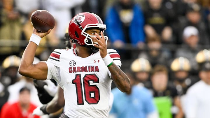 Nov 9, 2024; Nashville, Tennessee, USA; South Carolina Gamecocks quarterback LaNorris Sellers (16) passes the ball against the Vanderbilt Commodores during the first half at FirstBank Stadium. Mandatory Credit: Steve Roberts-Imagn Images Nov 9, 2024; Nashville, Tennessee, USA; South Carolina Gamecocks quarterback LaNorris Sellers (16) passes the ball against the Vanderbilt Commodores during the first half at FirstBank Stadium. Mandatory Credit: Steve Roberts-Imagn Images