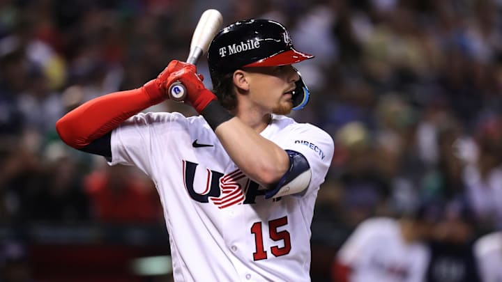 Mar 12, 2023; Phoenix, Arizona, USA; Team USA infielder Bobby Witt Jr. (15) at the plate against Team Mexico at Chase Field. Mandatory Credit: Zachary BonDurant-Imagn Images