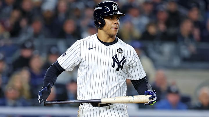 Oct 28, 2024; New York, New York, USA; New York Yankees outfielder Juan Soto (22) walks during the sixth inning against the Los Angeles Dodgers in game three of the 2024 MLB World Series at Yankee Stadium. 